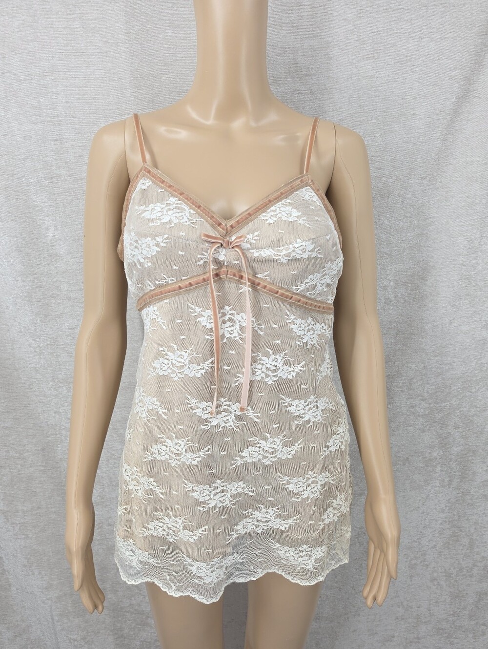 Y2K Off White Sheer Lace  Satin Lining Velvet Trim Babydoll Cami